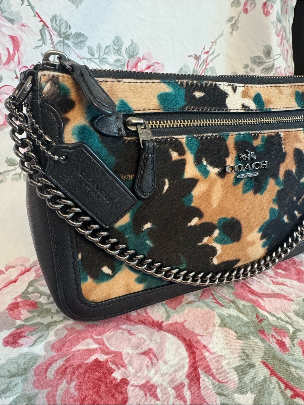 Coach Floral Nolita Leaf Calf hair purse - Tan, Black & Teal - Picture 4 of 8